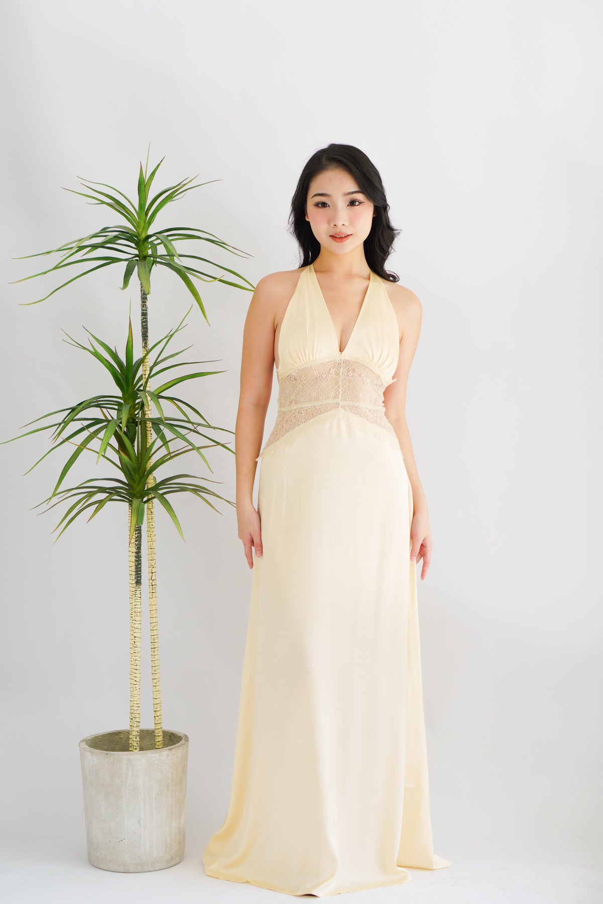 Auri Deep V Lace and Satin Maxi Dress in Light Yellow