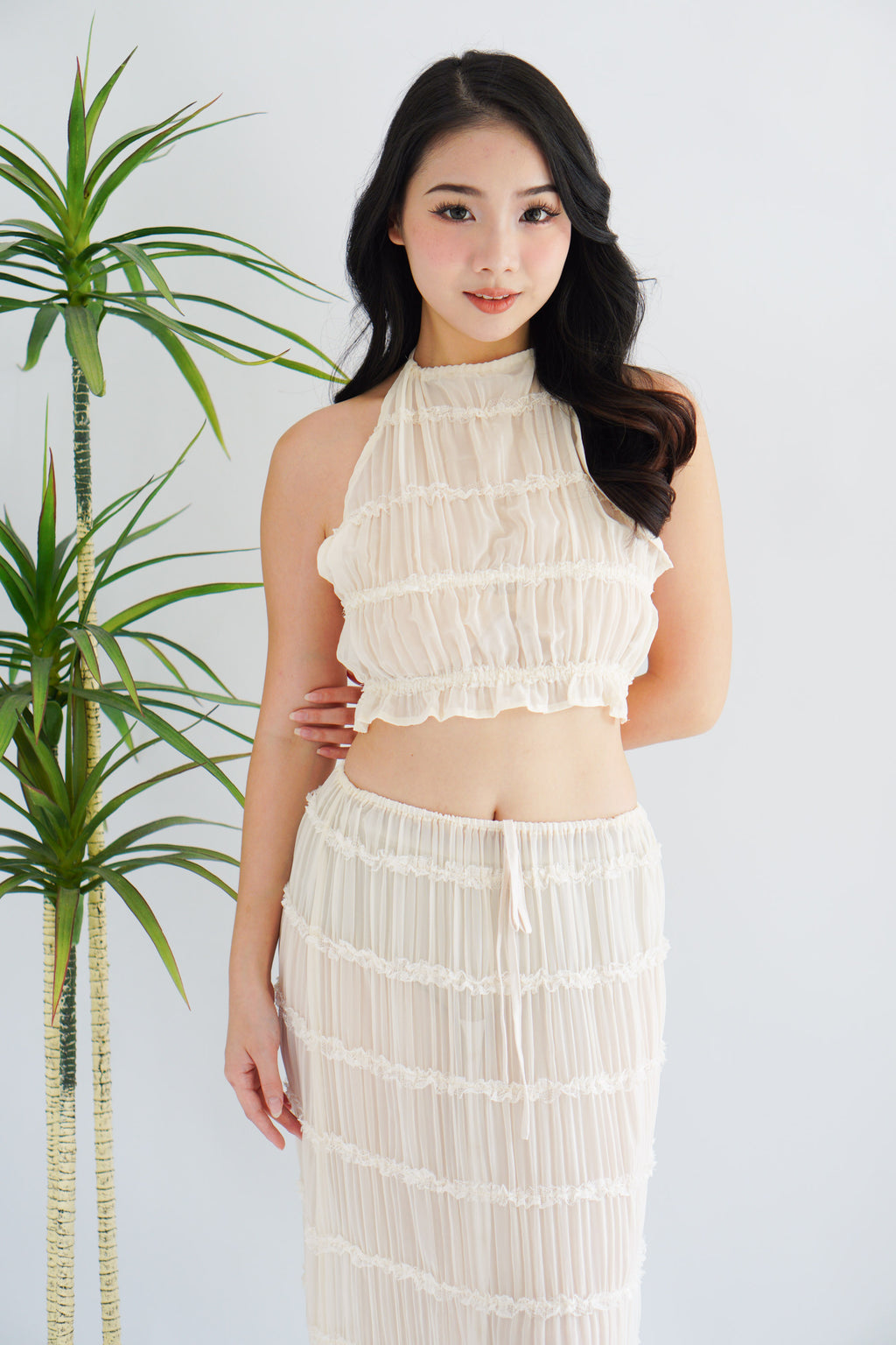 (COVER UP) Sun Dance Halter Neck Textured 2 Piece Set in Cream