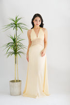 Auri Deep V Lace and Satin Maxi Dress in Light Yellow