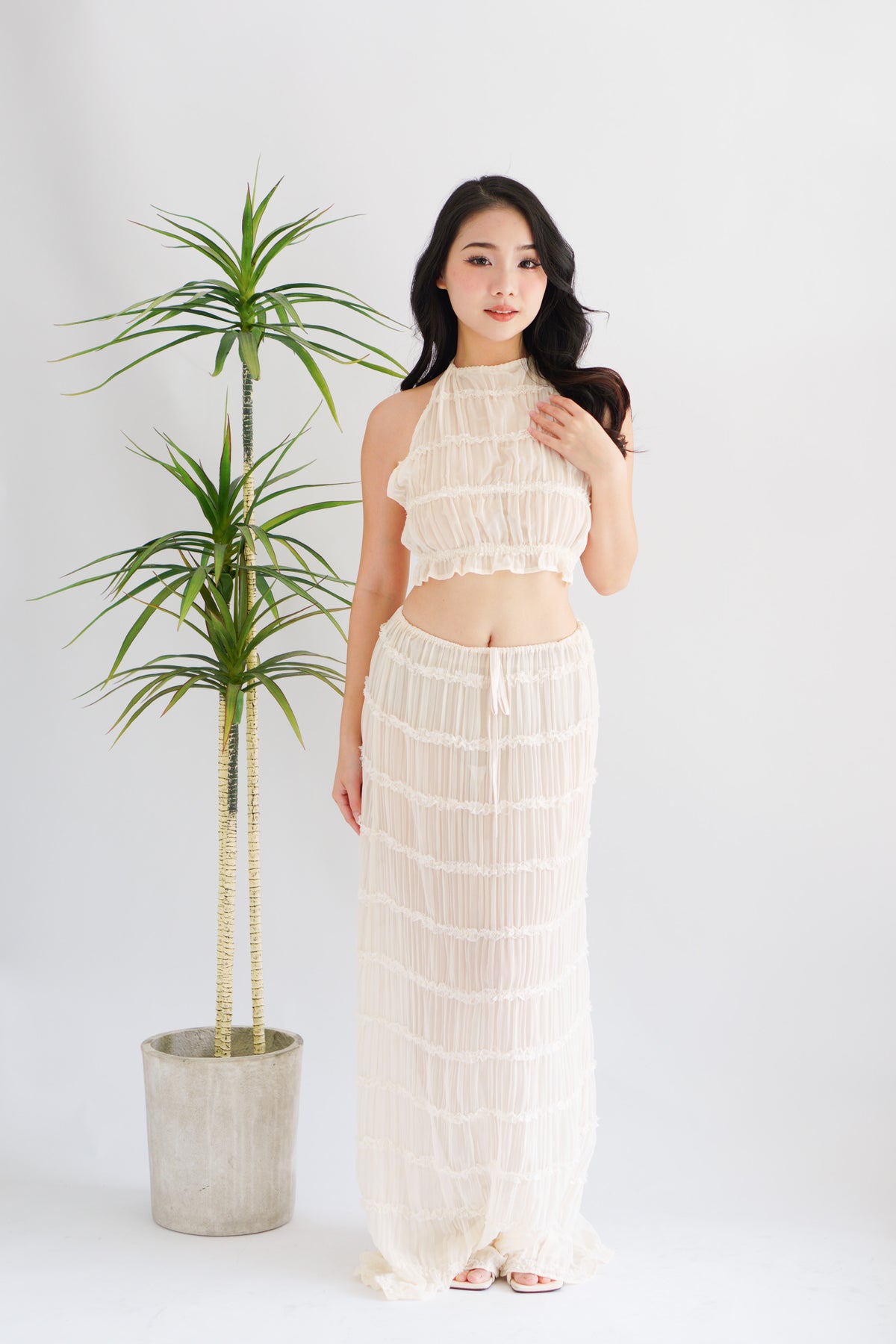 (COVER UP) Sun Dance Halter Neck Textured 2 Piece Set in Cream