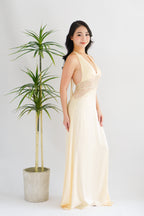 Auri Deep V Lace and Satin Maxi Dress in Light Yellow
