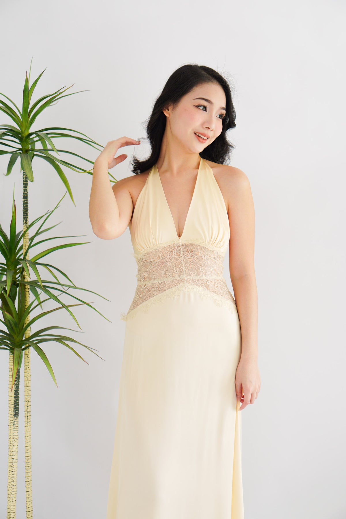 Auri Deep V Lace and Satin Maxi Dress in Light Yellow