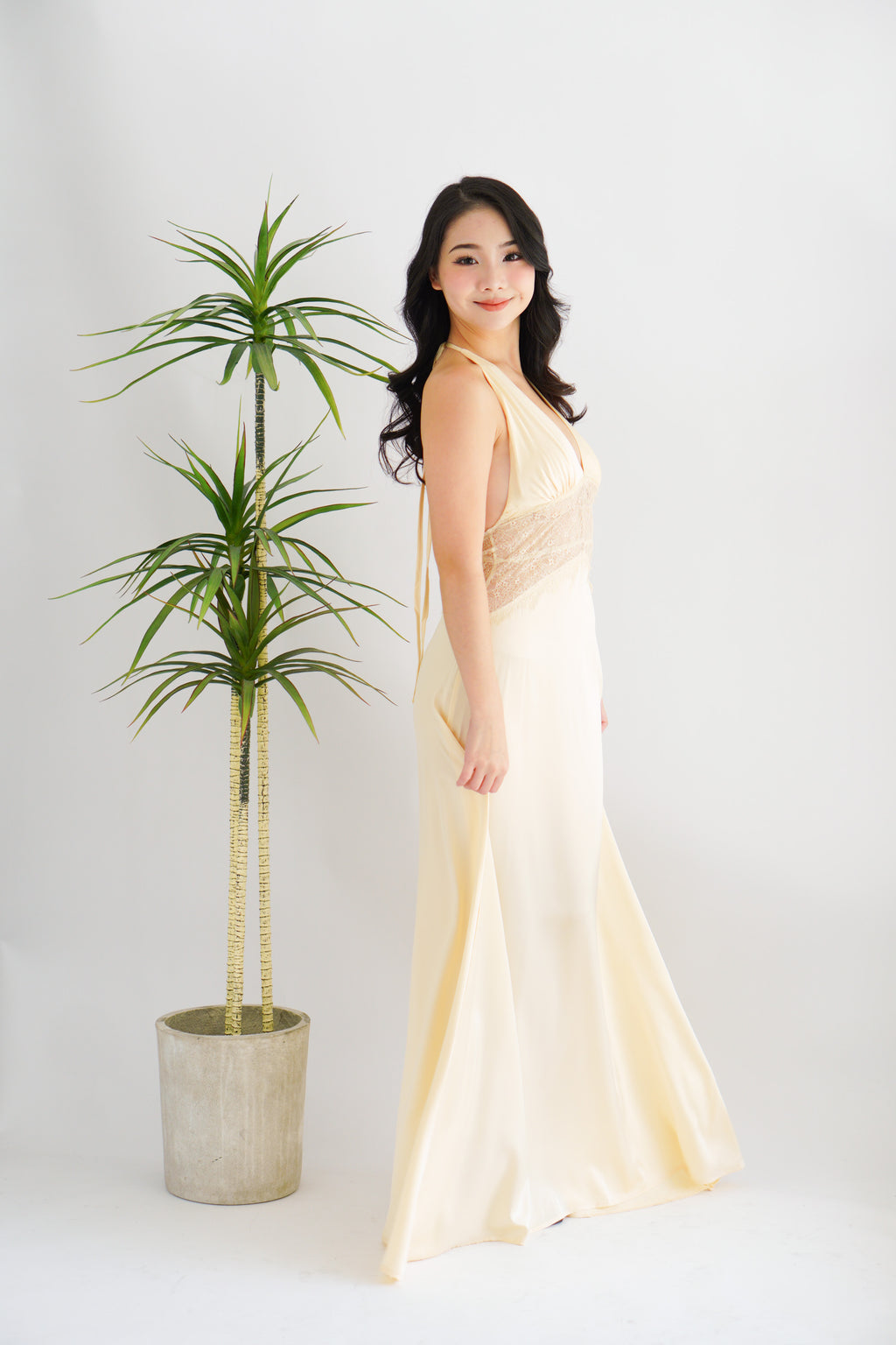 Auri Deep V Lace and Satin Maxi Dress in Light Yellow
