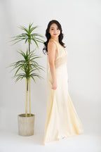Auri Deep V Lace and Satin Maxi Dress in Light Yellow
