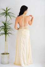 Auri Deep V Lace and Satin Maxi Dress in Light Yellow