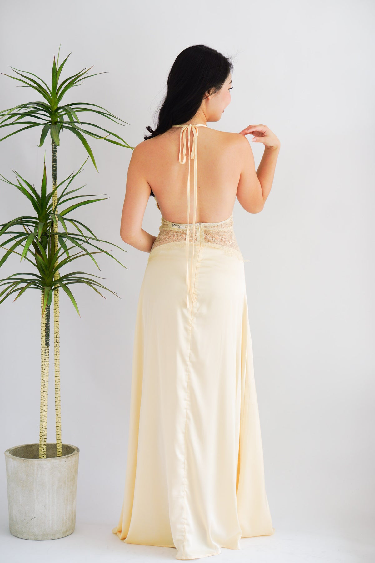 Auri Deep V Lace and Satin Maxi Dress in Light Yellow