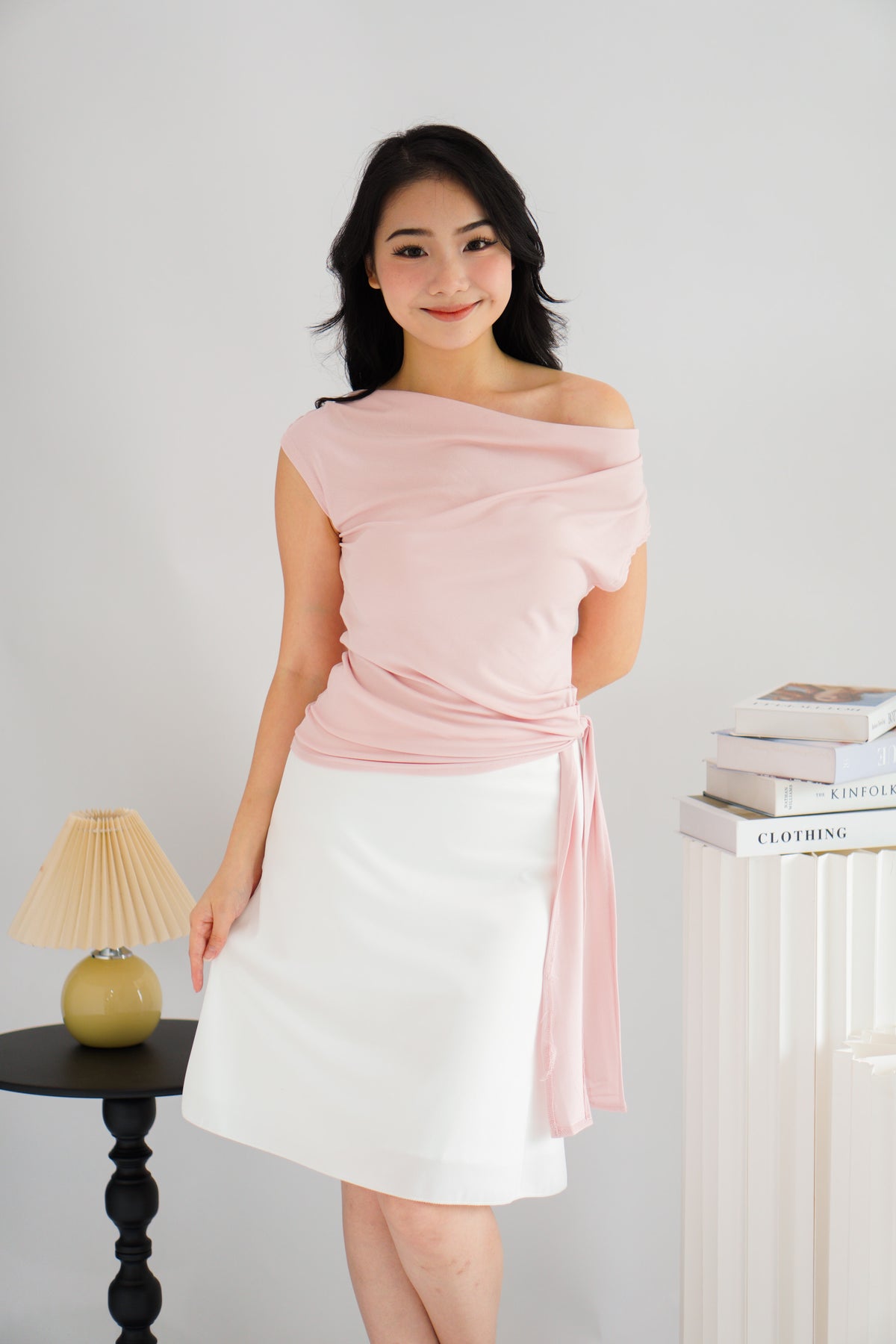 Yira Cowl Neck Ruched Side Tie Top in Pink