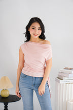 Yira Cowl Neck Ruched Side Tie Top in Pink