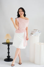 Yira Cowl Neck Ruched Side Tie Top in Pink