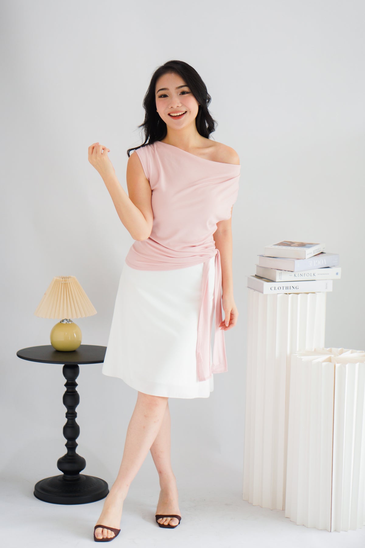 Yira Cowl Neck Ruched Side Tie Top in Pink