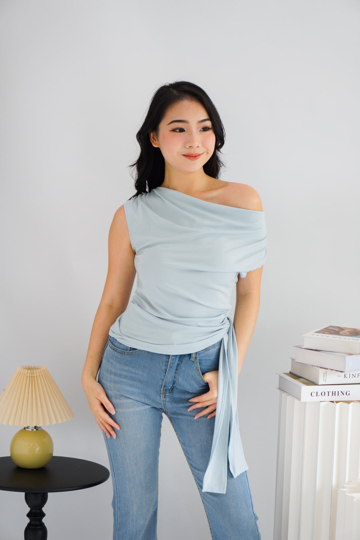 Yira Cowl Neck Ruched Side Tie Top in Blue