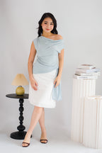 Yira Cowl Neck Ruched Side Tie Top in Blue