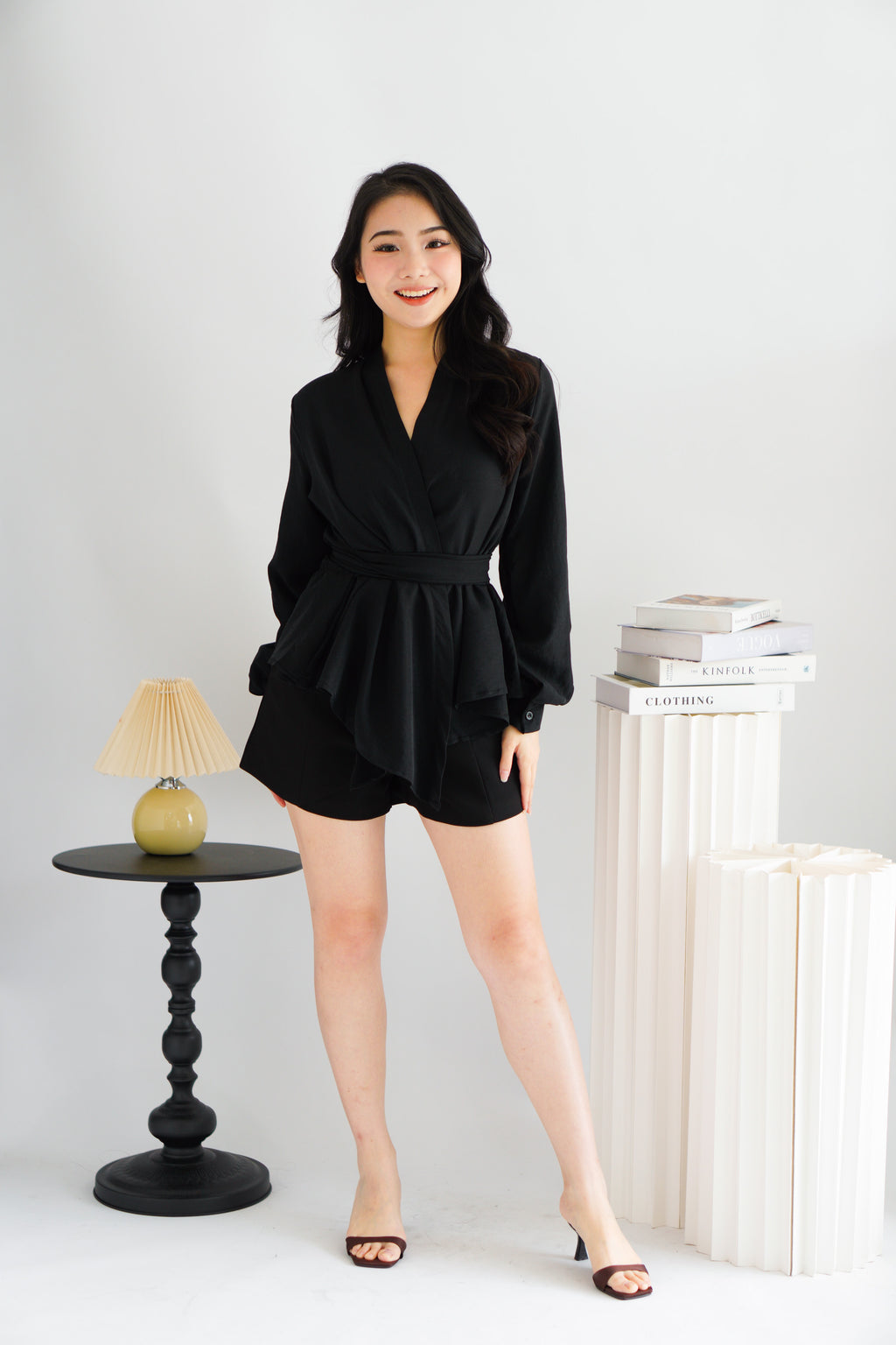 Raiya Self Wrap Long Sleeve Top in Black