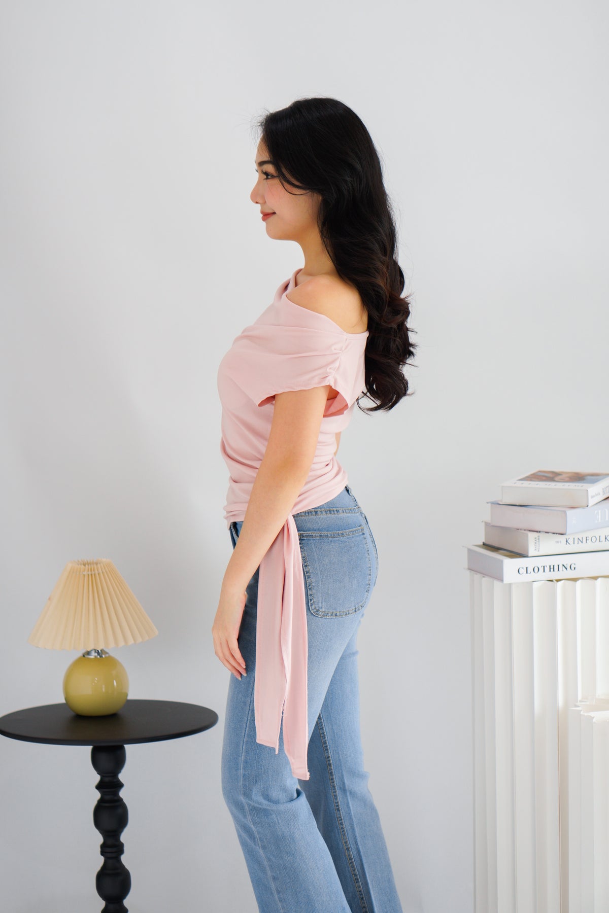 Yira Cowl Neck Ruched Side Tie Top in Pink