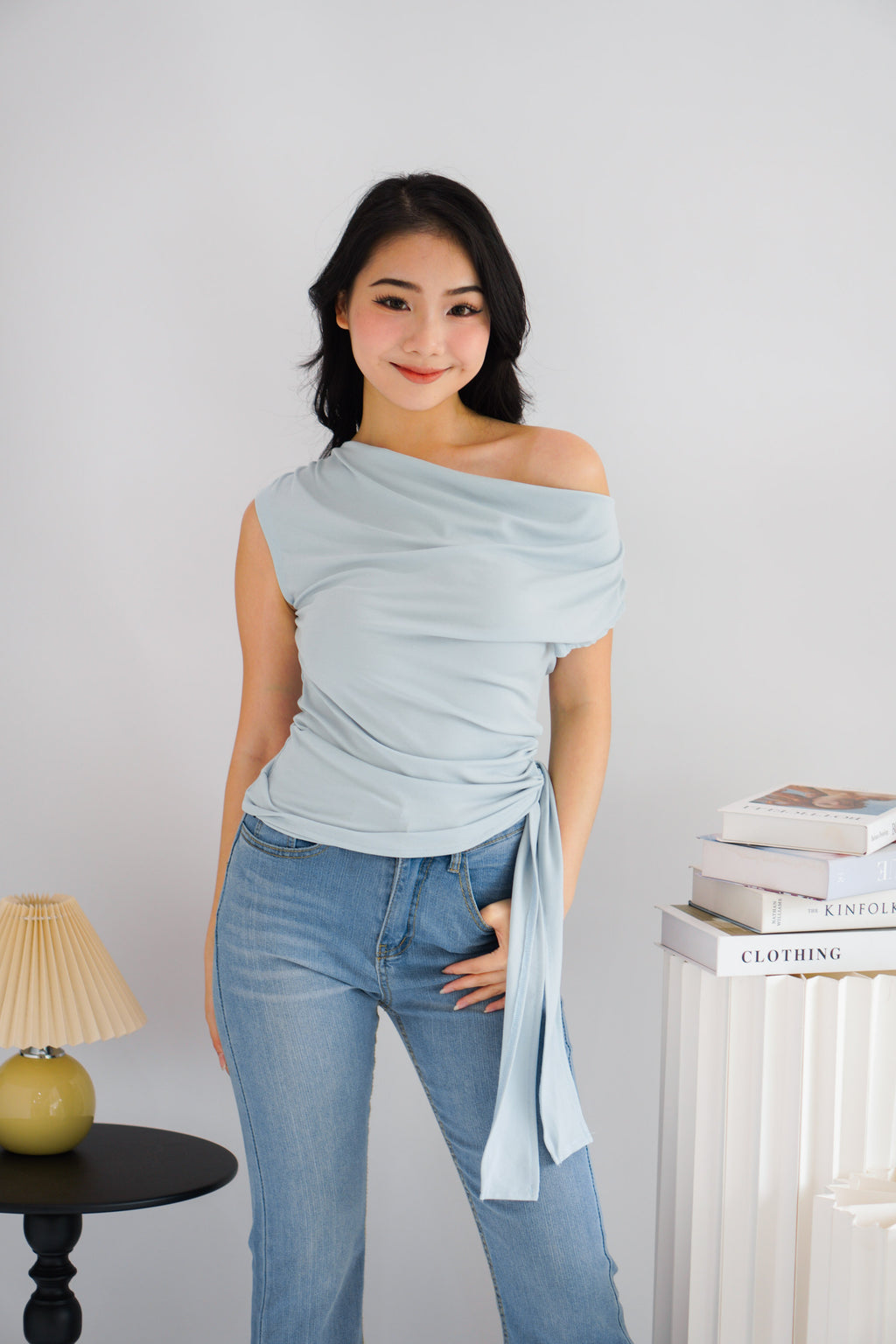 Yira Cowl Neck Ruched Side Tie Top in Blue
