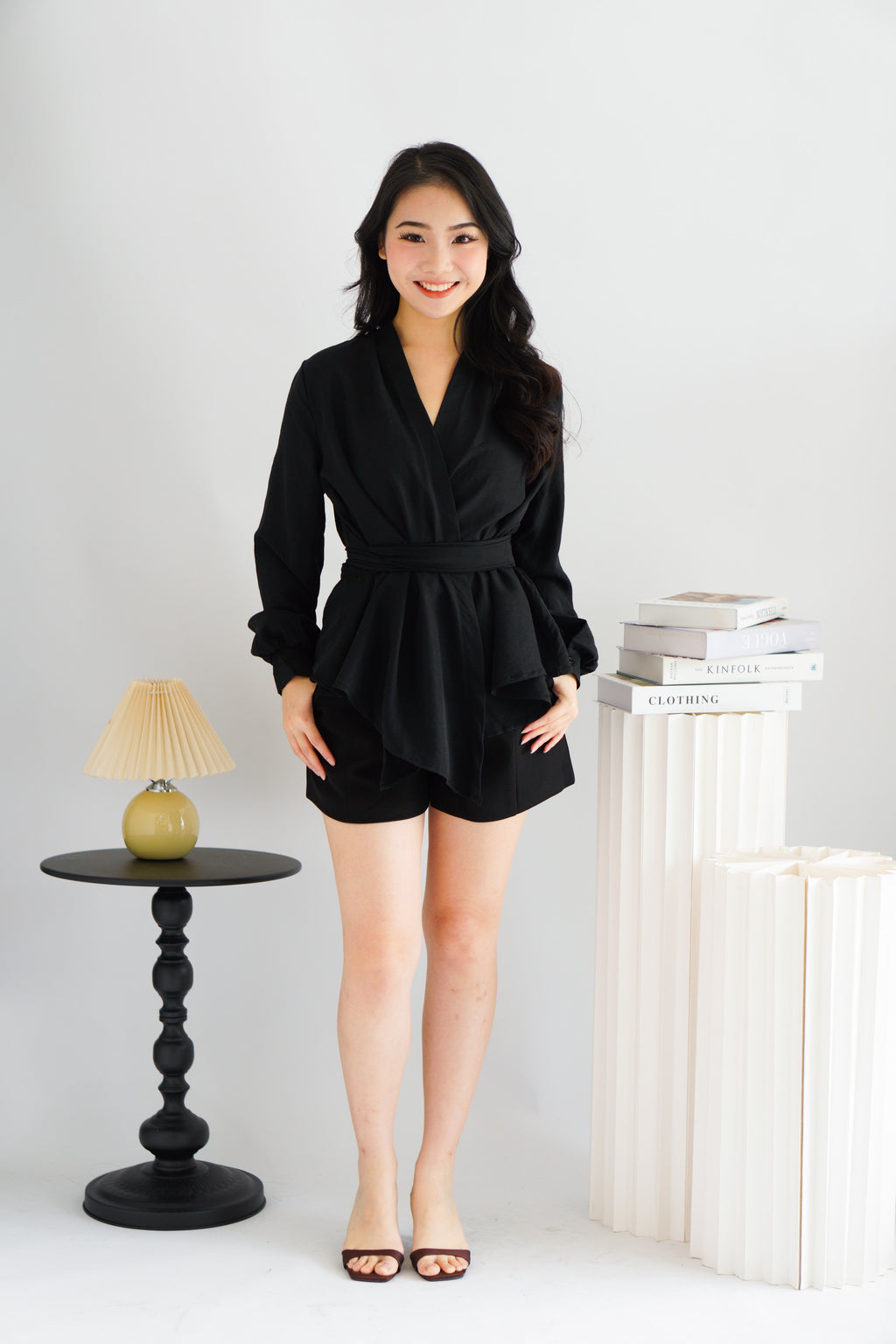 Raiya Self Wrap Long Sleeve Top in Black