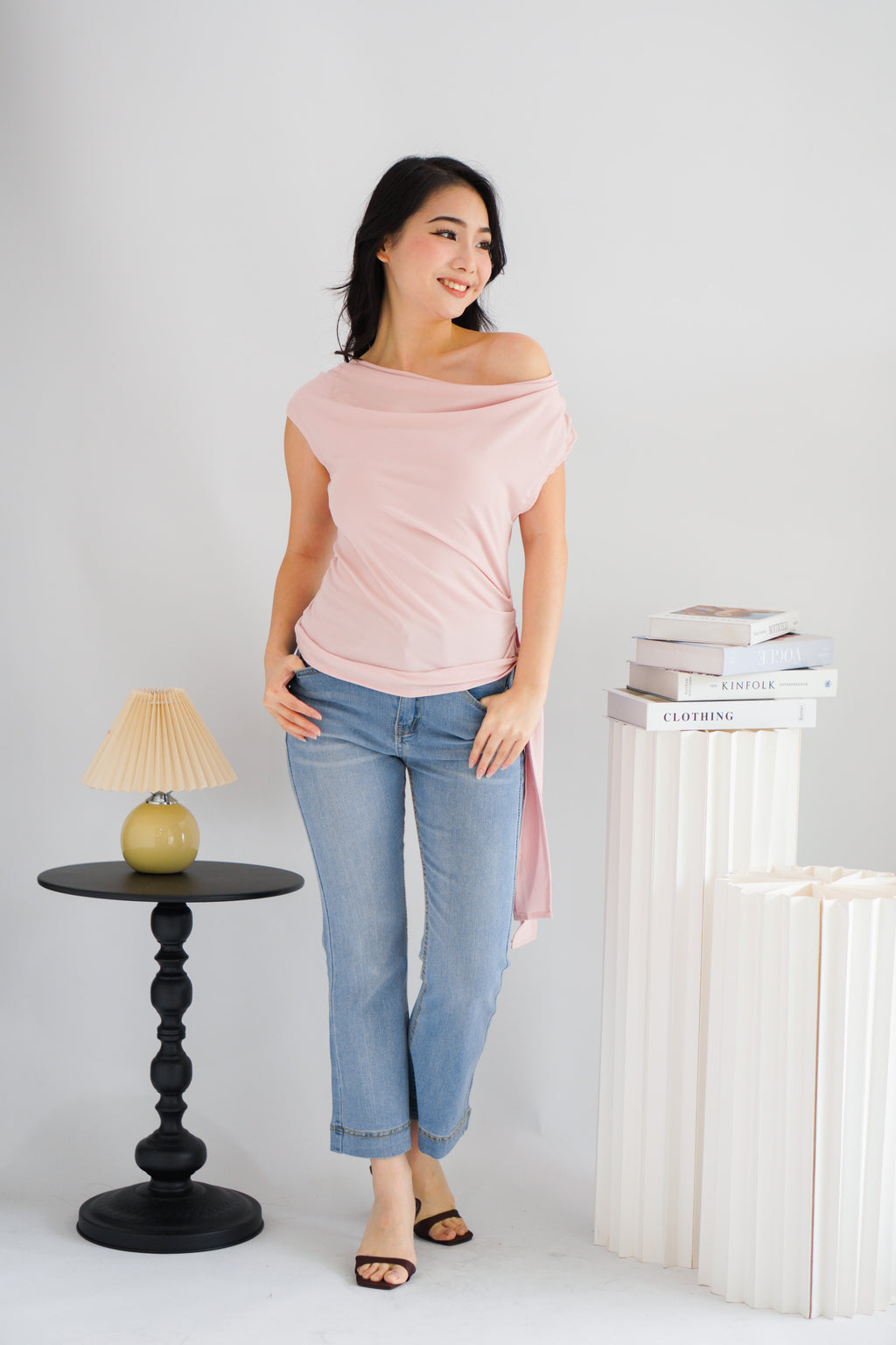 Yira Cowl Neck Ruched Side Tie Top in Pink