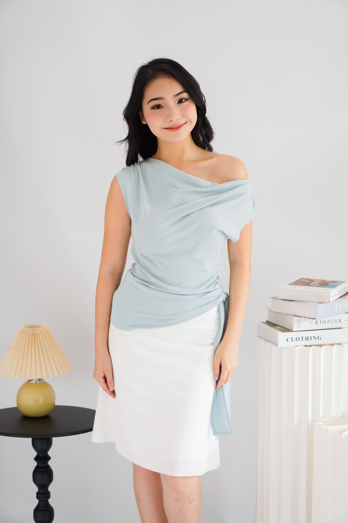 Yira Cowl Neck Ruched Side Tie Top in Blue