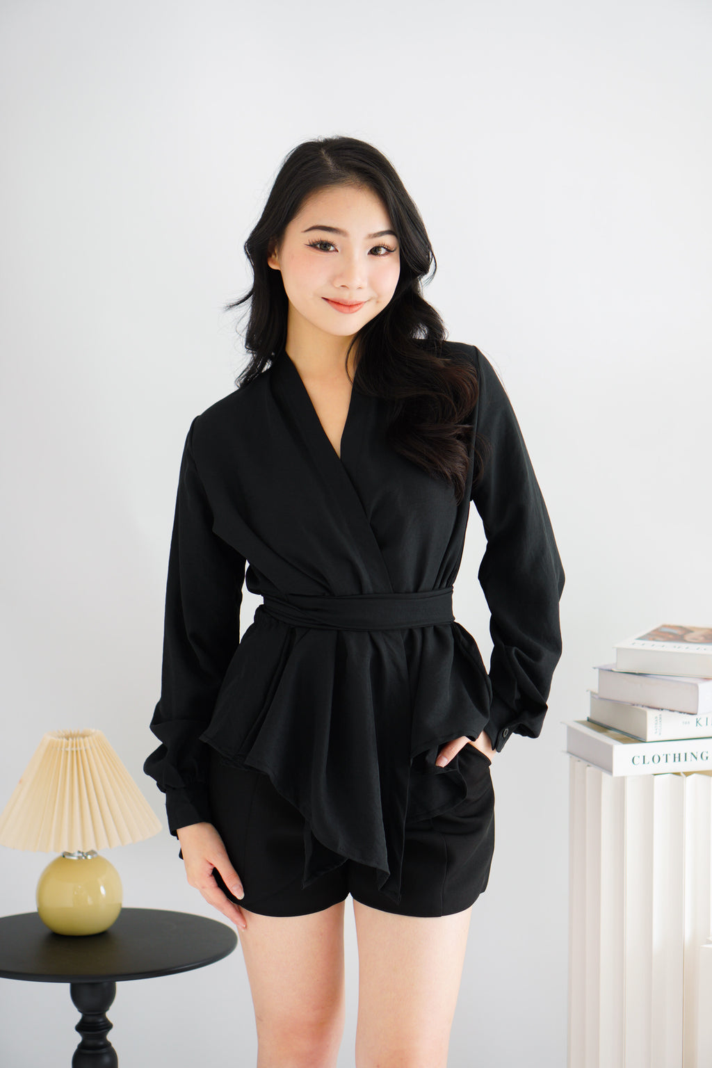 Raiya Self Wrap Long Sleeve Top in Black