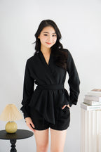 Raiya Self Wrap Long Sleeve Top in Black