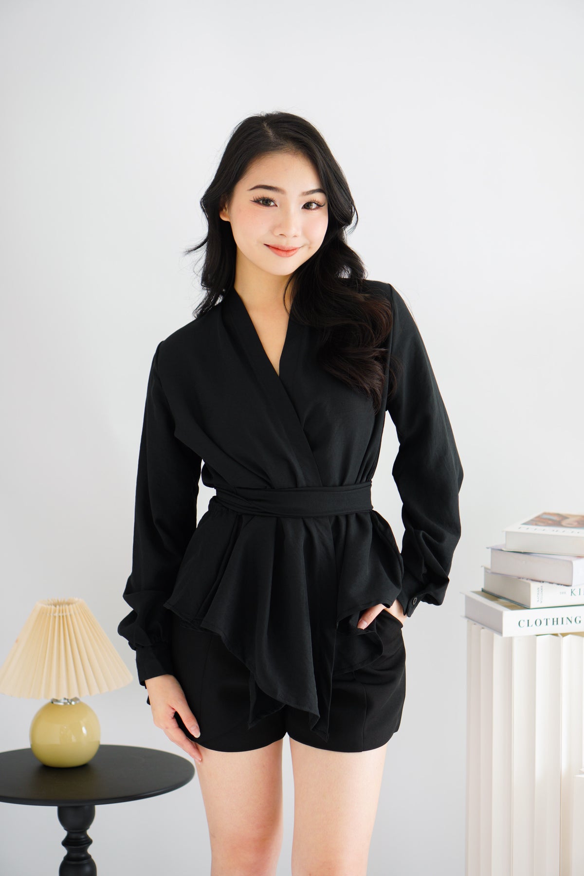 Raiya Self Wrap Long Sleeve Top in Black