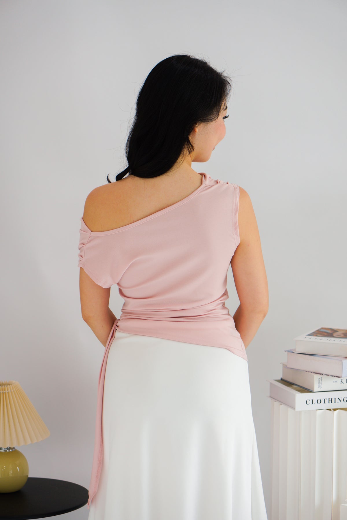 Yira Cowl Neck Ruched Side Tie Top in Pink