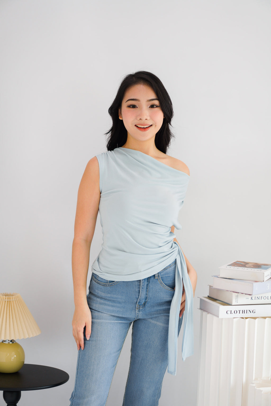 Yira Cowl Neck Ruched Side Tie Top in Blue