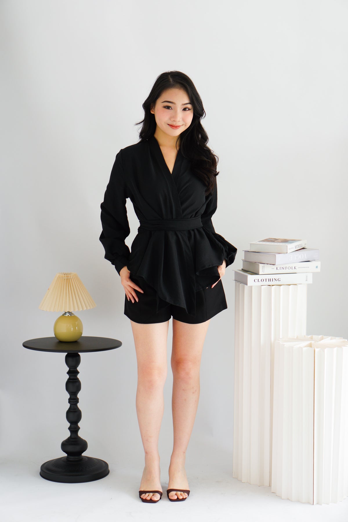 Raiya Self Wrap Long Sleeve Top in Black