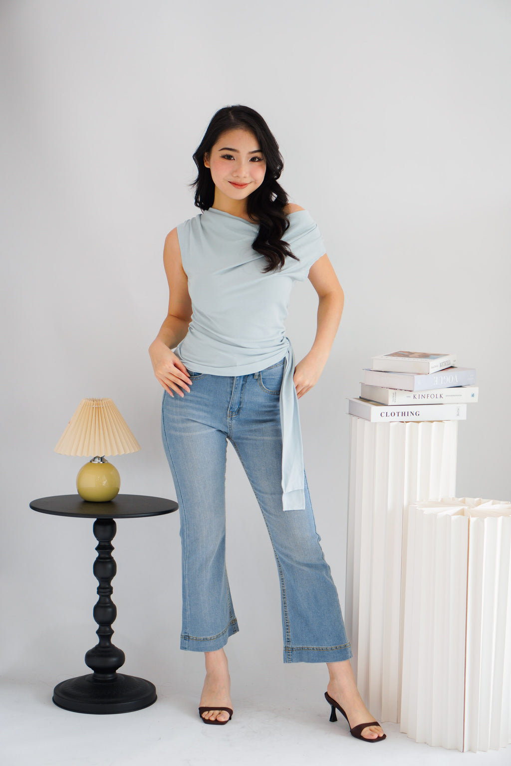 Yira Cowl Neck Ruched Side Tie Top in Blue