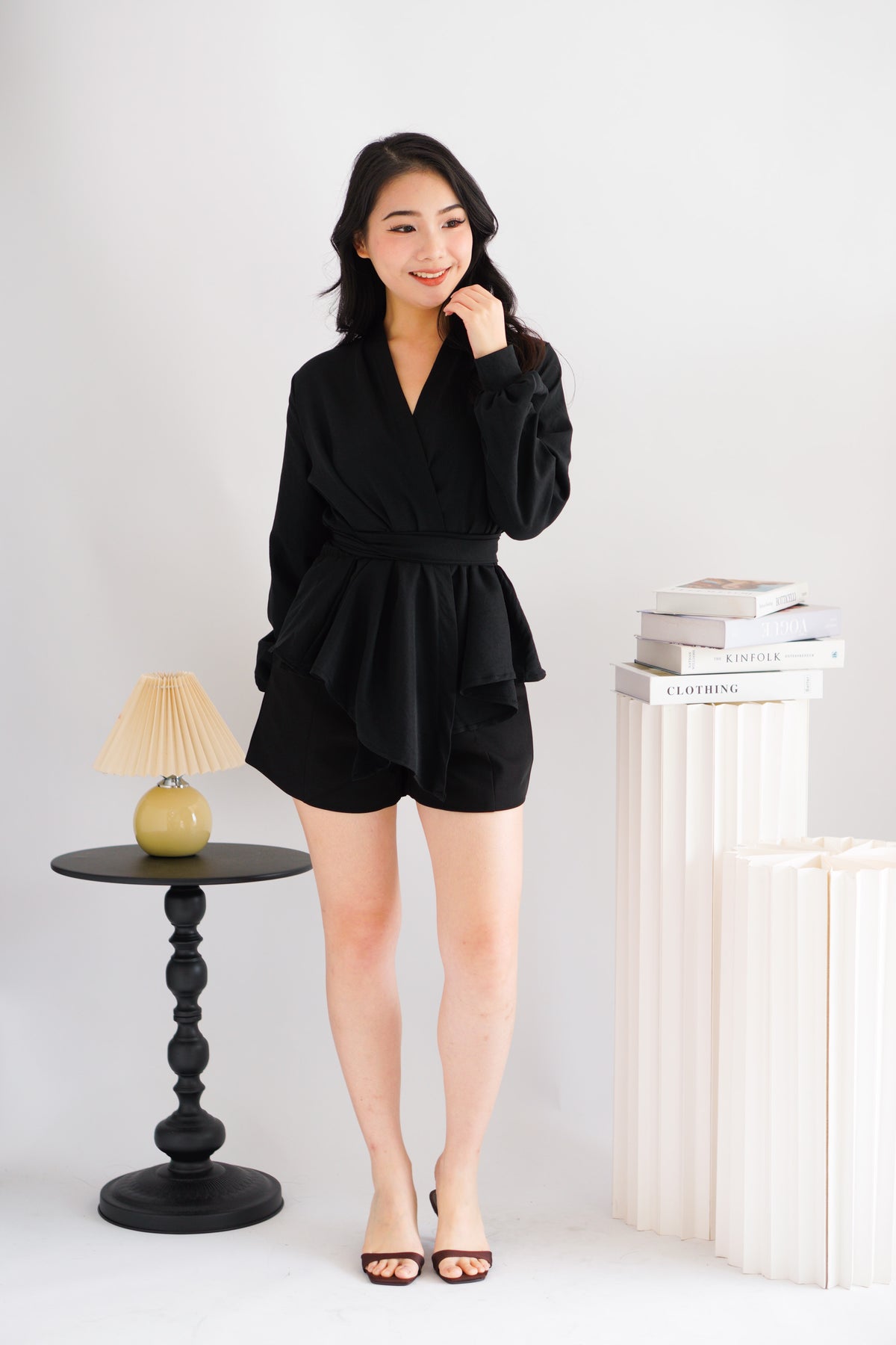 Raiya Self Wrap Long Sleeve Top in Black