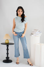 Yira Cowl Neck Ruched Side Tie Top in Blue