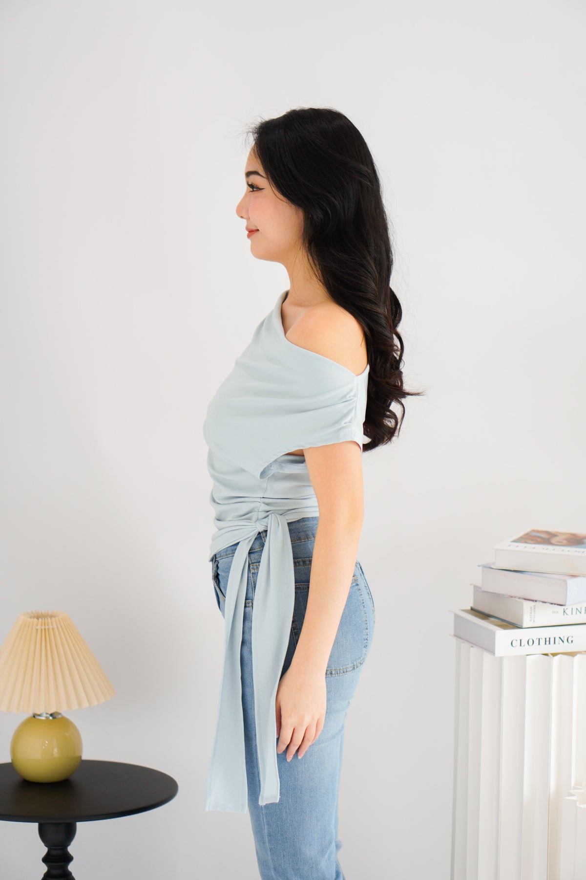 Yira Cowl Neck Ruched Side Tie Top in Blue