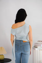 Yira Cowl Neck Ruched Side Tie Top in Blue