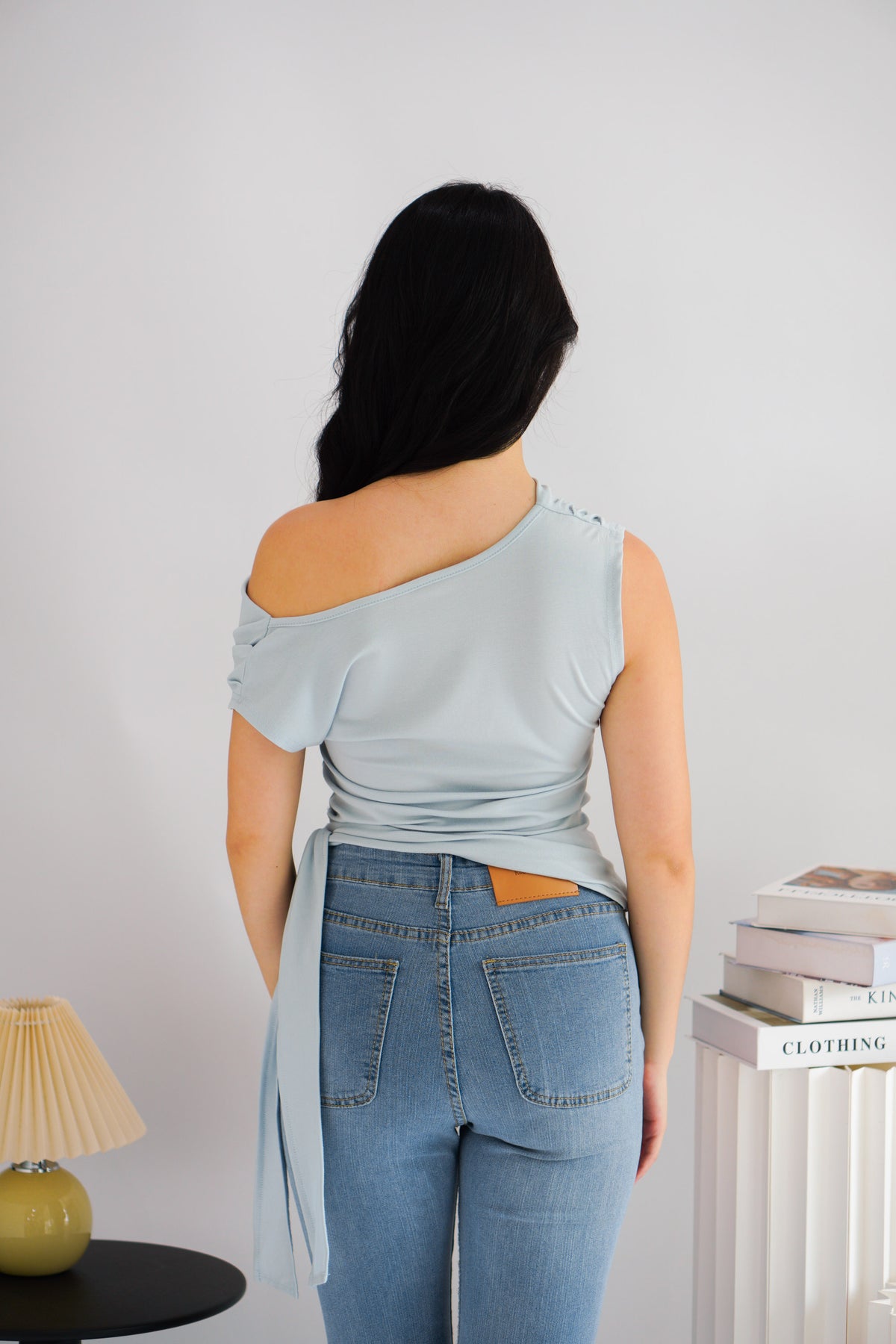 Yira Cowl Neck Ruched Side Tie Top in Blue