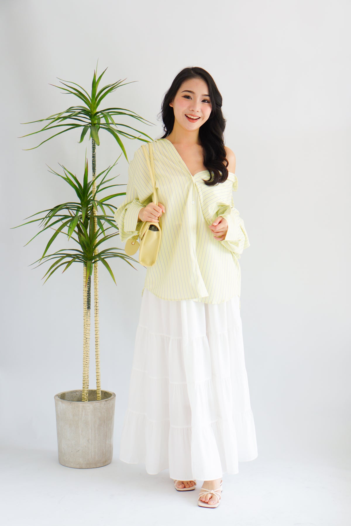 Somi Oversized Stripes Button Down Long Sleeve Top in Green Stripes