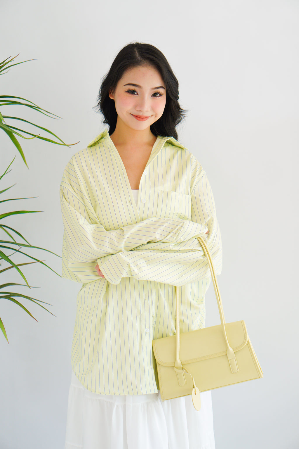 Somi Oversized Stripes Button Down Long Sleeve Top in Green Stripes