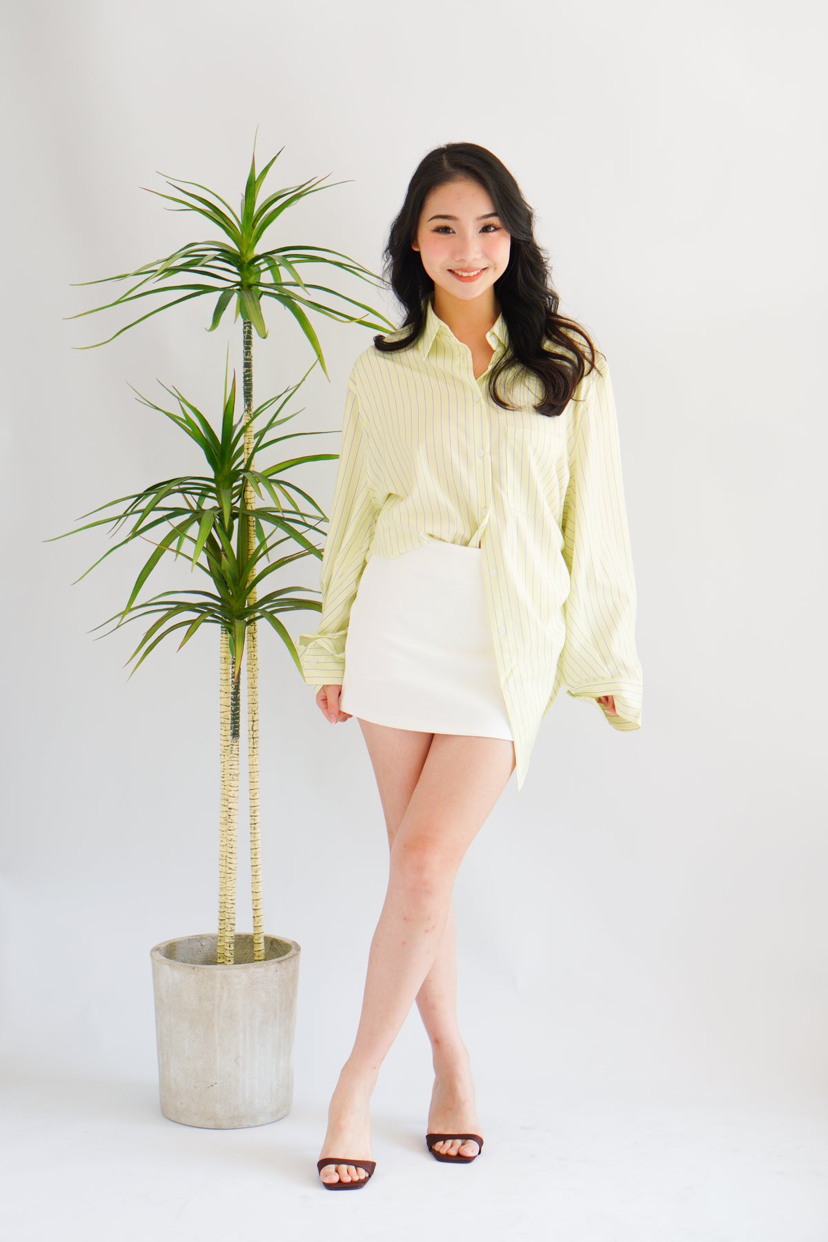 Somi Oversized Stripes Button Down Long Sleeve Top in Green Stripes