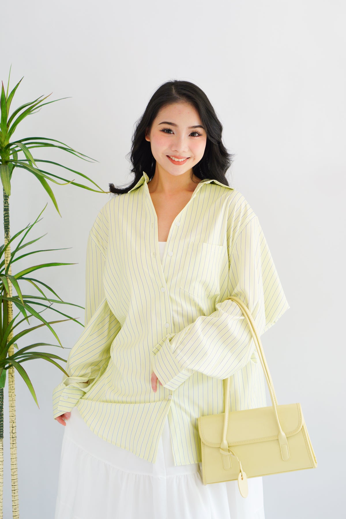 Somi Oversized Stripes Button Down Long Sleeve Top in Green Stripes