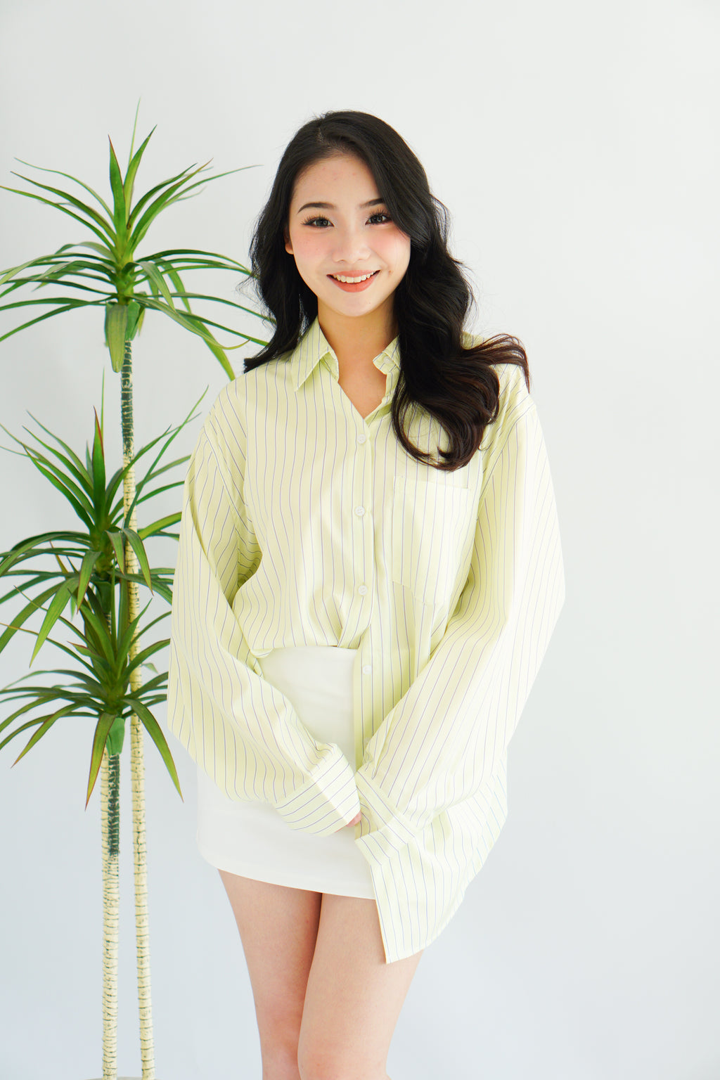 Somi Oversized Stripes Button Down Long Sleeve Top in Green Stripes