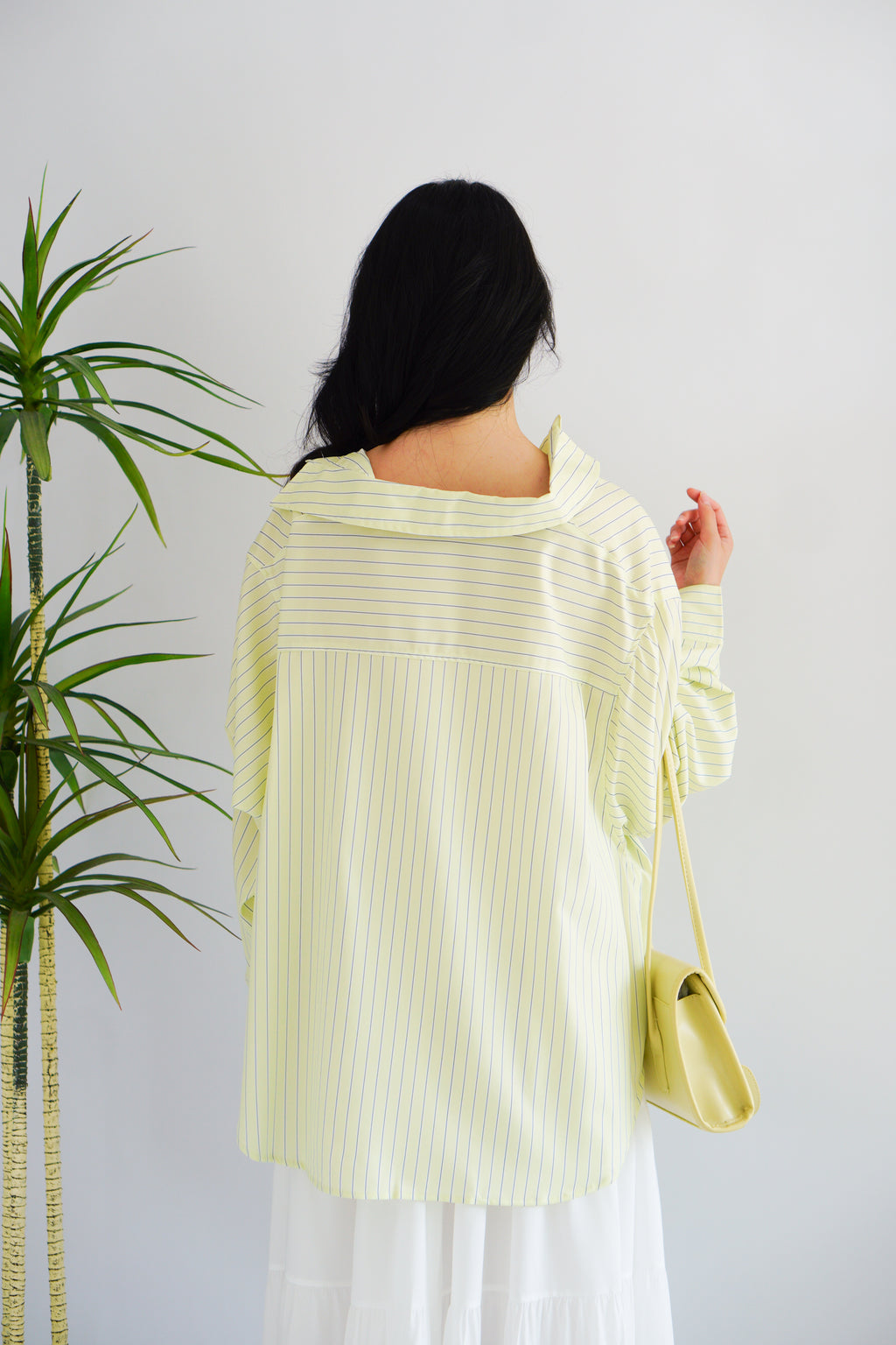Somi Oversized Stripes Button Down Long Sleeve Top in Green Stripes