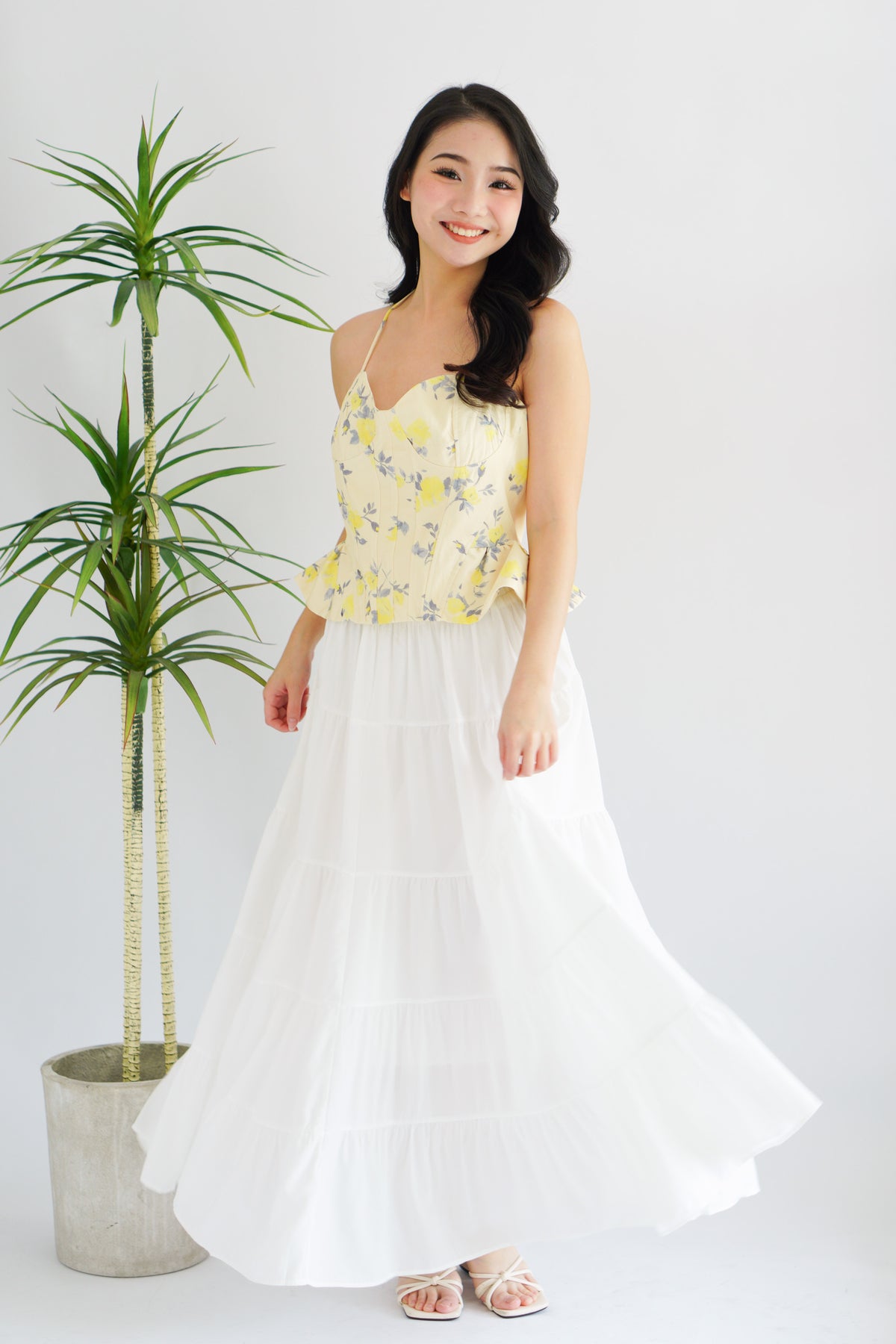 Cici Floral Bustier Peplum Top in Yellow
