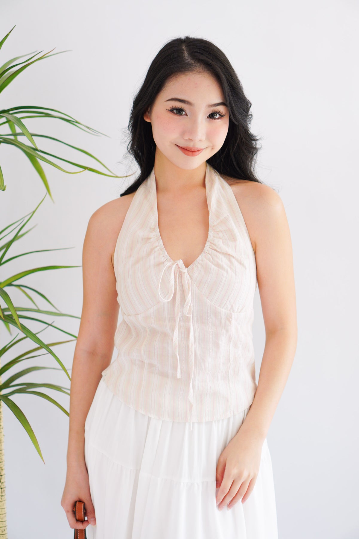 Jilly Halter Neck Stripes Top in White and Pink