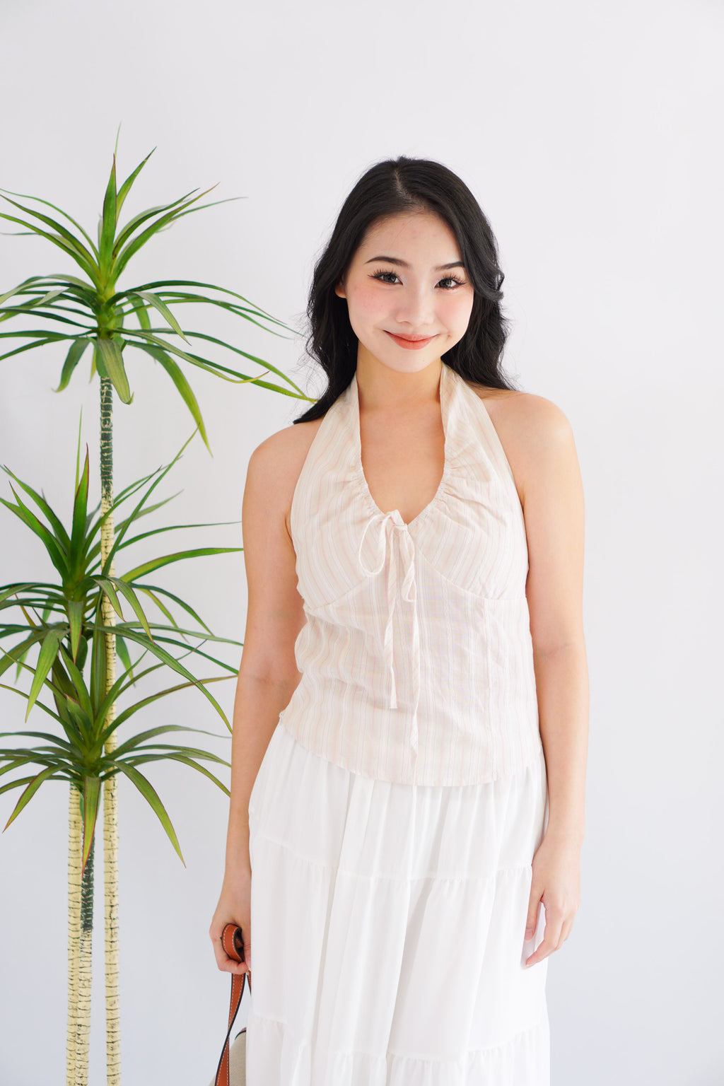 Jilly Halter Neck Stripes Top in White and Pink