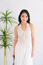 Jilly Halter Neck Stripes Top in White and Pink
