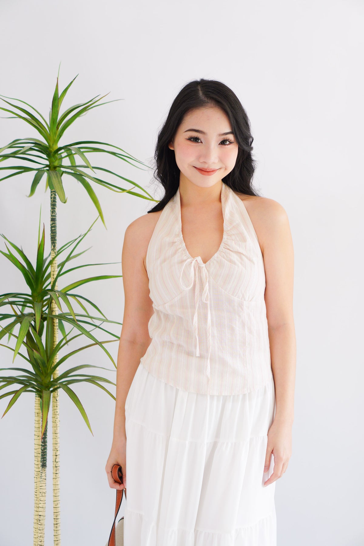 Jilly Halter Neck Stripes Top in White and Pink