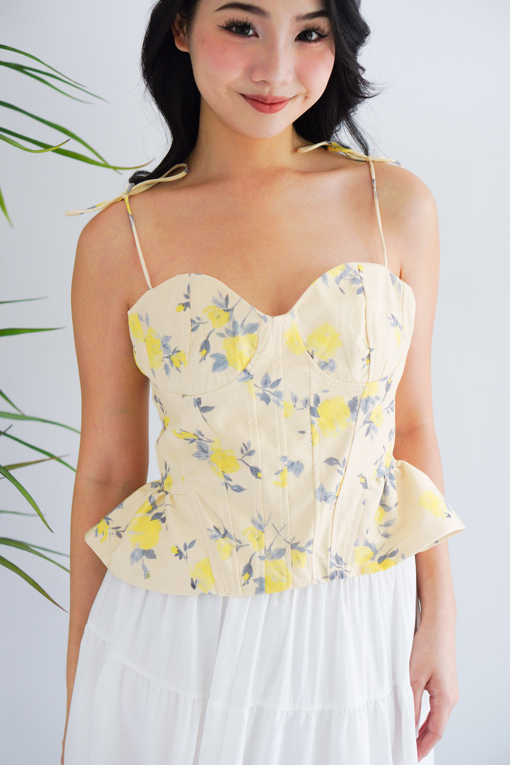 Cici Floral Bustier Peplum Top in Yellow