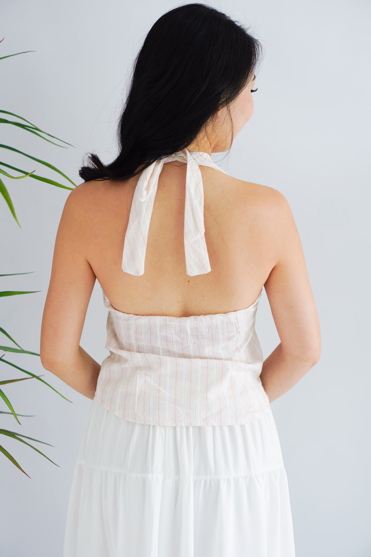 Jilly Halter Neck Stripes Top in White and Pink