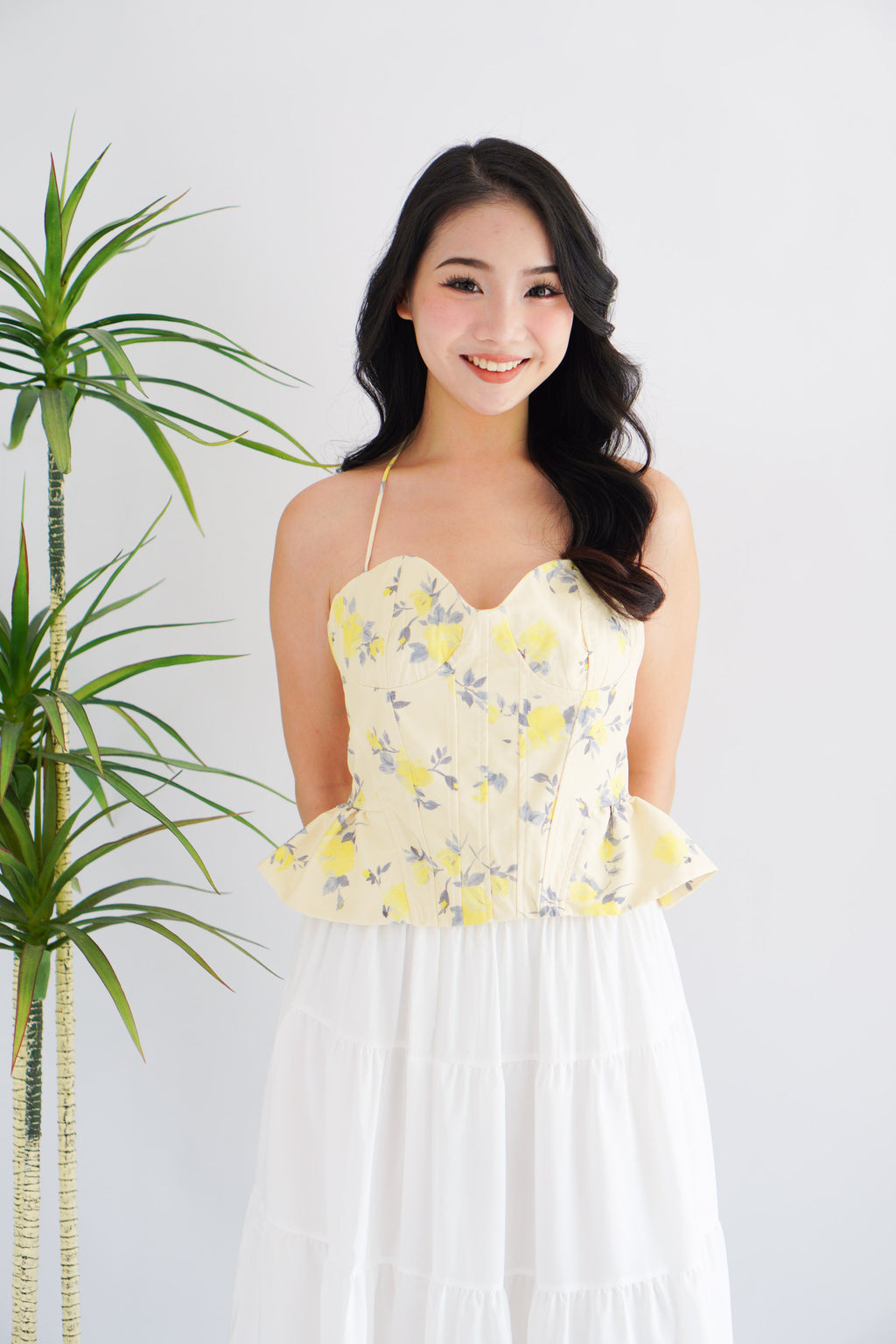 Cici Floral Bustier Peplum Top in Yellow