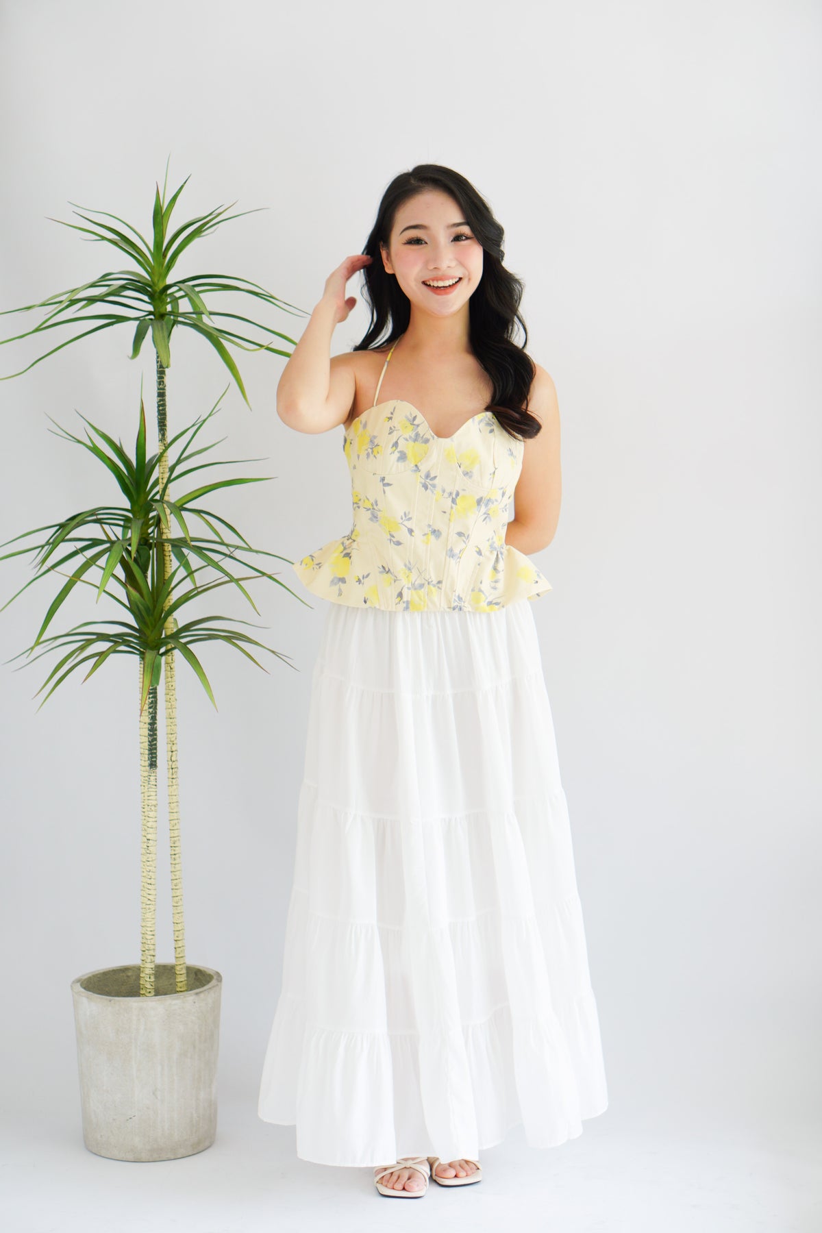 Cici Floral Bustier Peplum Top in Yellow