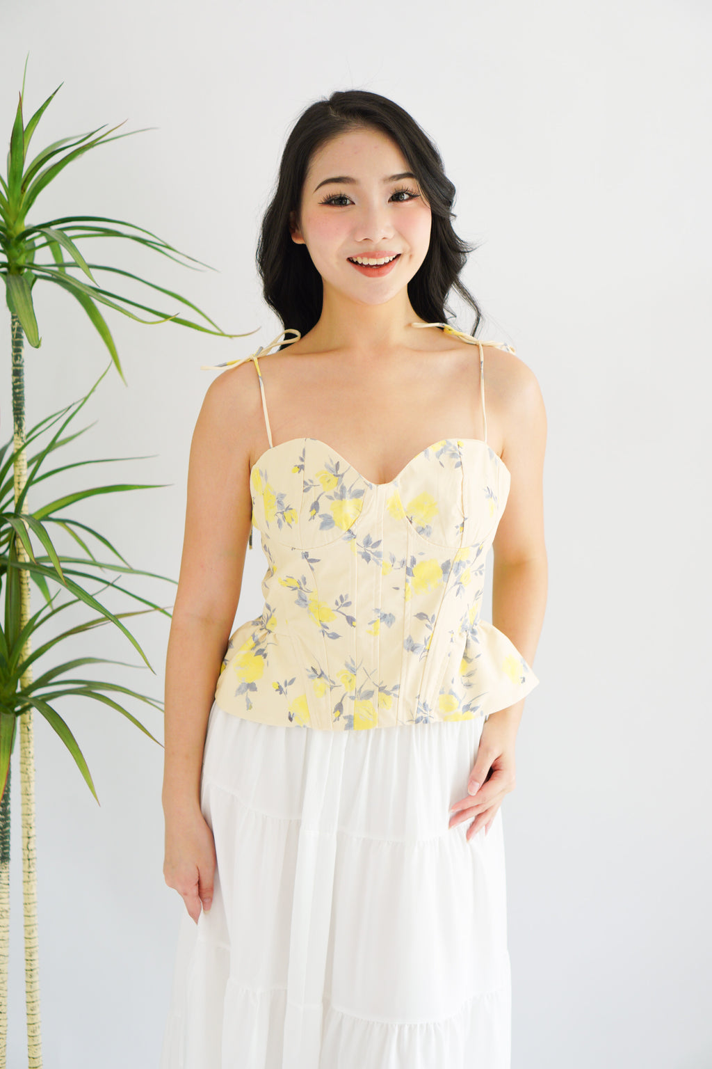 Cici Floral Bustier Peplum Top in Yellow
